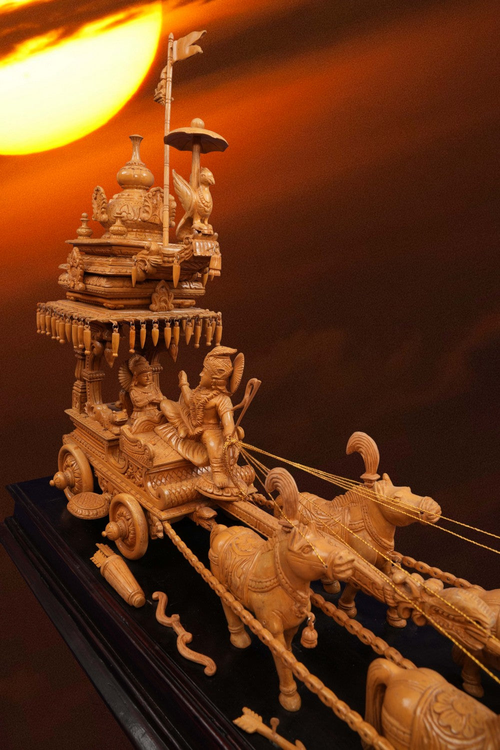 Image of Cedar Wood Carving Lord Krishan Arjuna in Chariot Statue